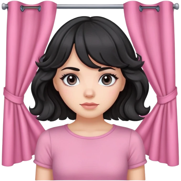 white girl with black wavy hair with curtain bangs, gray eyes, pink top emoji