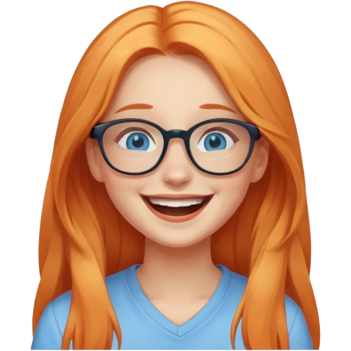 a girl with blue eyes, glasses and light orange long hair laughing emoji