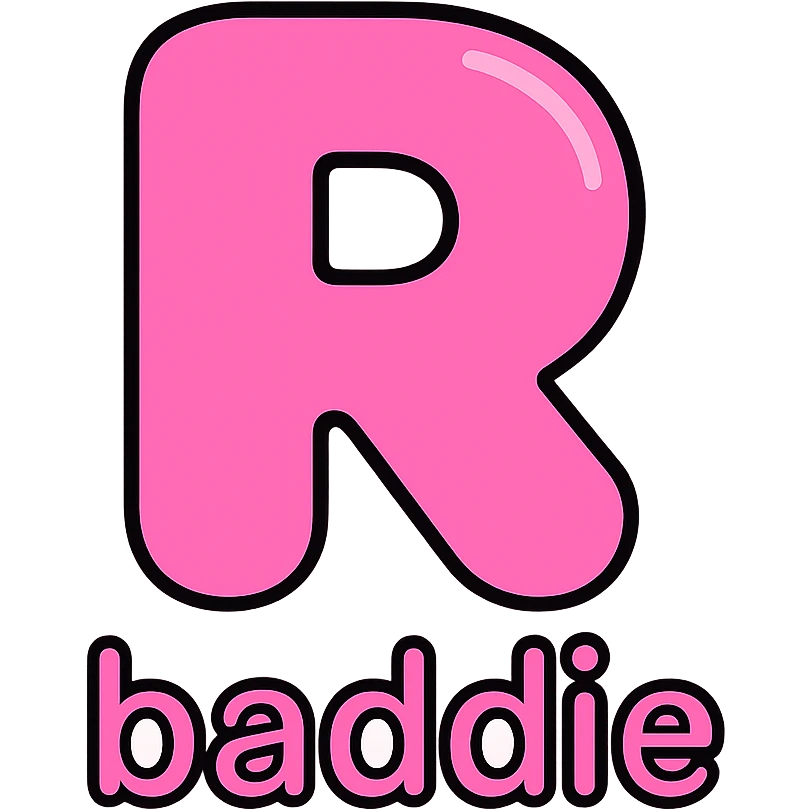 pink bubble-style letter R with 'baddie' text, modern icon look emoji