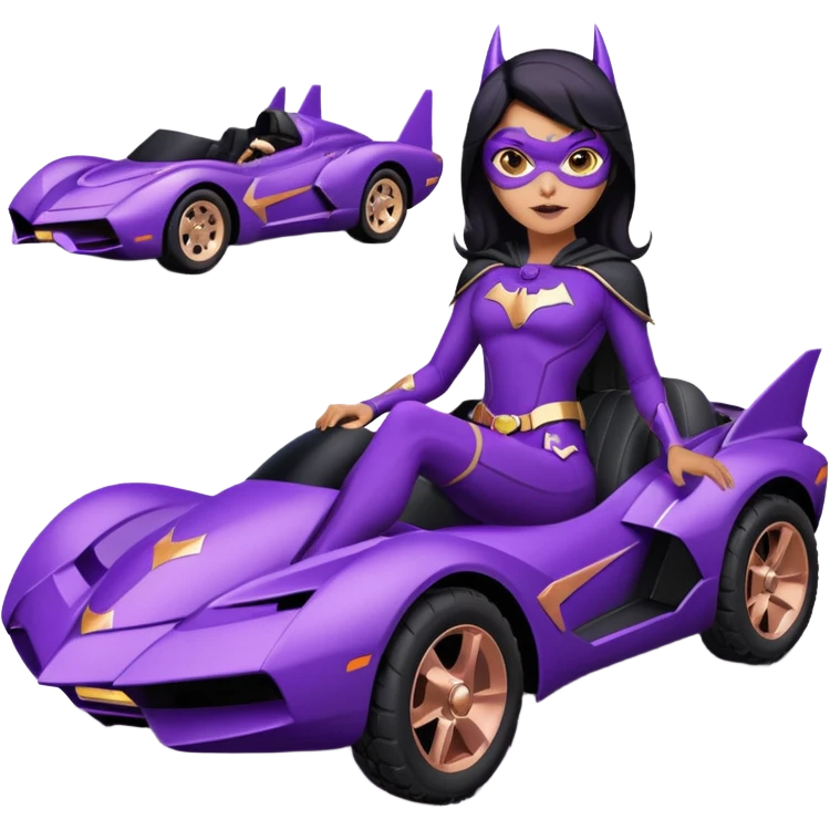 Hot full size real-appearance racing action BatGirl’s feminine midnight-purple tight outfit sixty’s tv show 2032 stealth retro cat burglar sporty petite off-road pursuit hovering black hover cruiser car rose gold accents (black hair,reclined and relaxed seating position and attitude) desert emoji