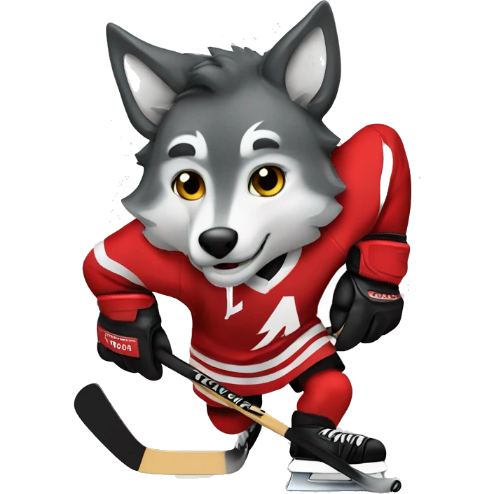 A wolf in a red black and white hockey uniform with a wolf emblem is playing hockey emoji