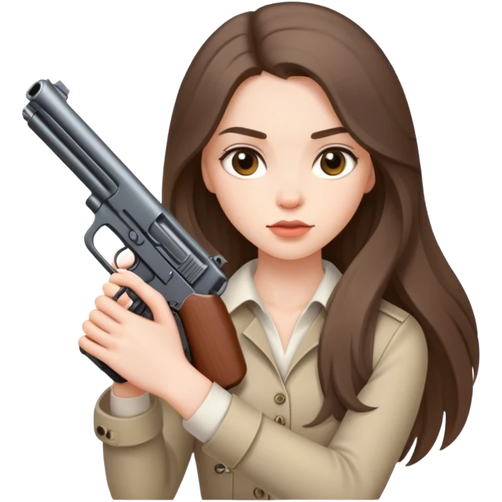 beautiful pale brunette girl with long hair with a short gun emoji