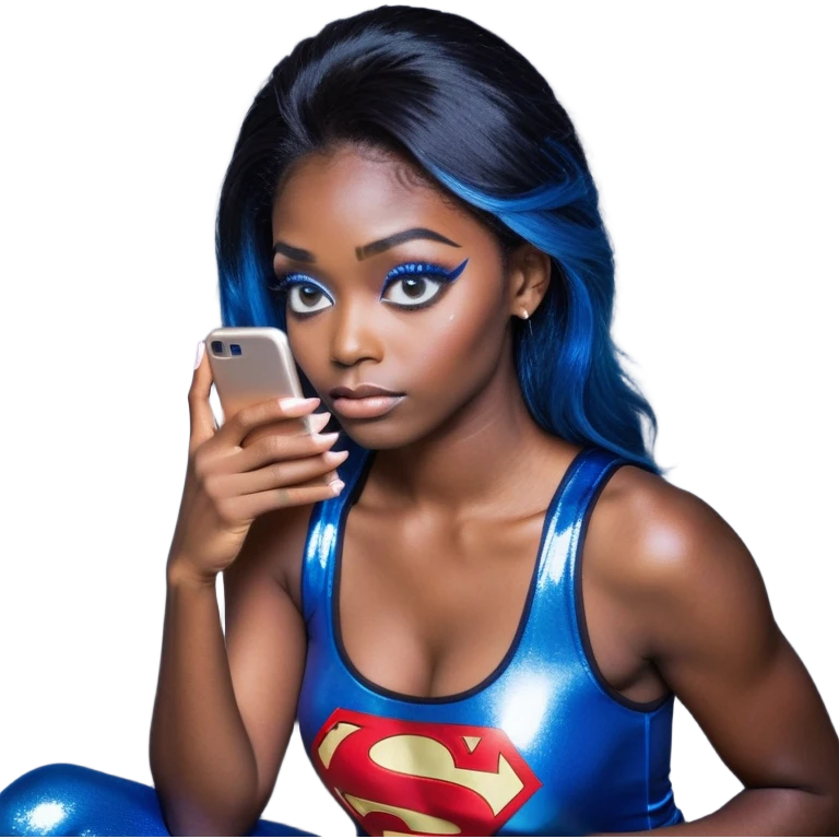 Disapponted-big tears-head back texting on phone-very very large upper body-sexy face-bending forward at waist-very long very straight dark blue to light blue ombre hair-and-blue eyes-thick black eyeliner-long eyelashes-iridescent blue lowcut tanktop with black leggings with glitter superman logo emoji