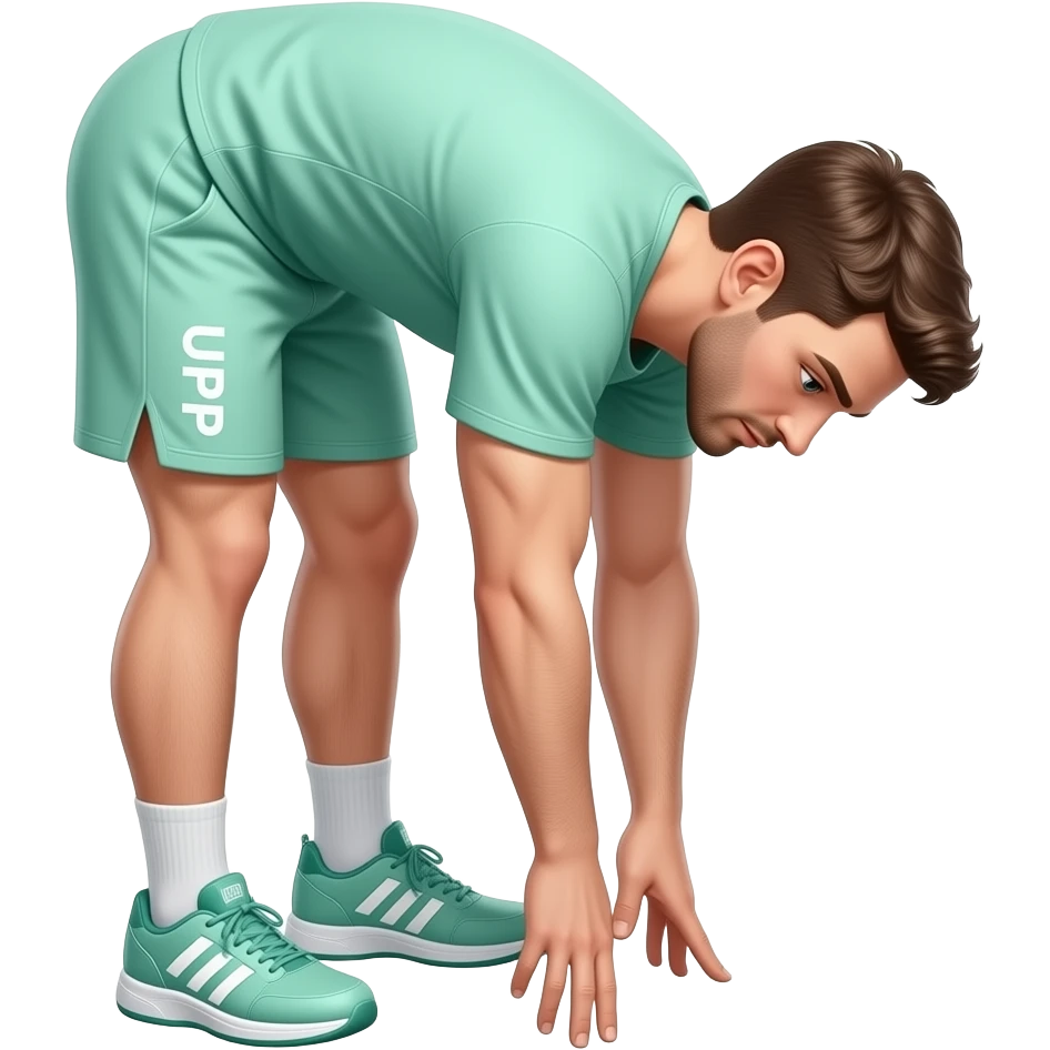 guy in  light green workout shirt and shorts standing up, bending down to touching toes (stretching down by touching both feet / toes feet together not split apart with "UPP" written on his shorts emoji