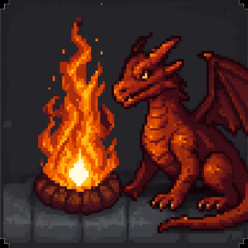 Add a pixel art style dragon to the scene, keep all original colours and lighting emoji
