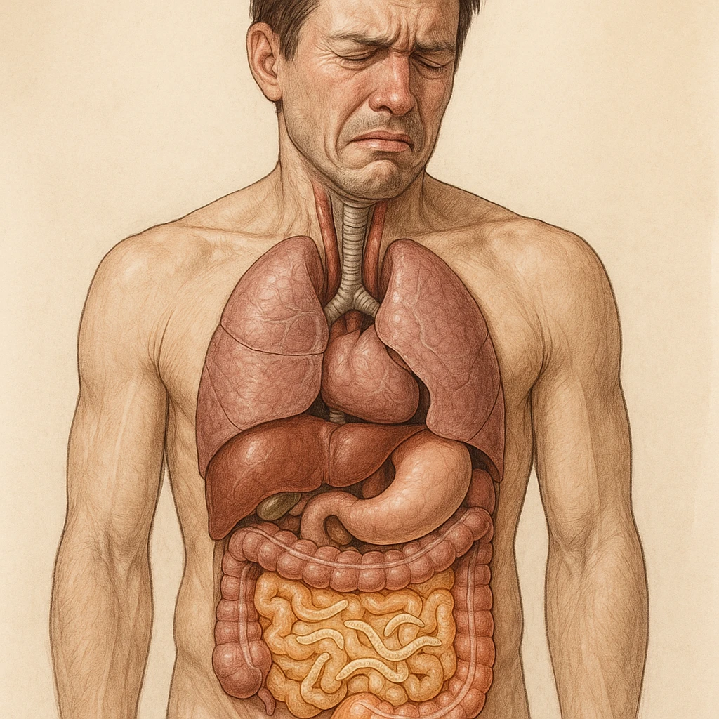 realistic illustration of an anatomical man with highlighted intestine and light beige worms inside, suffering expression emoji