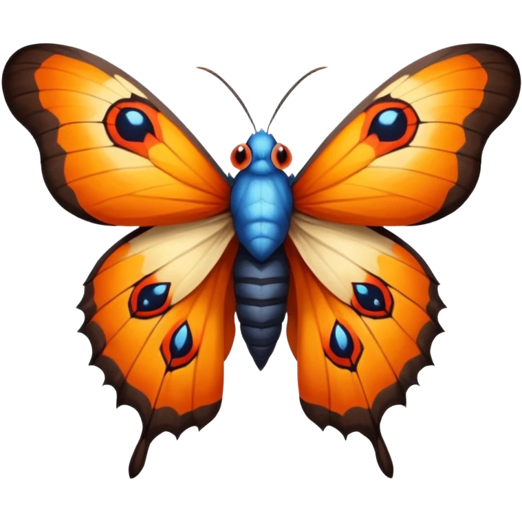 moth with blue eyes mornach butterfly wings orange and yellow with red godzilla eyes on the wings, brown tail, black Moth Insect Arms and legs almost like mothra emoji