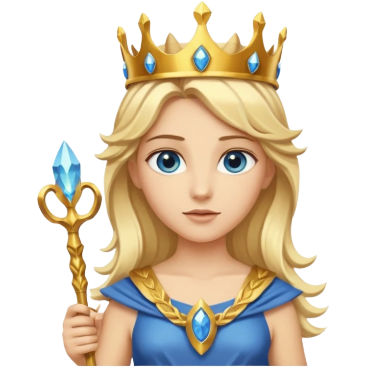 Deesse grecque blonde cheveux mi longs. Yeux bleus. Une couronne de laurier d'or dans les cheveux et septre emoji