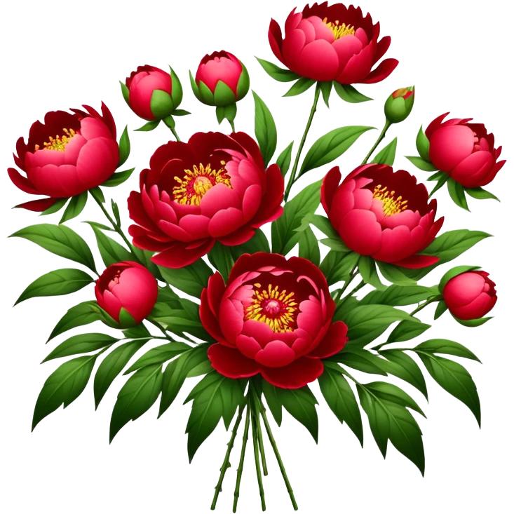 big bouquet Red Peony, luxuriant, stem, leaf emoji