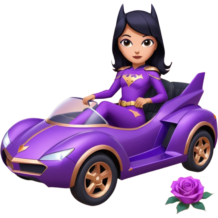 Hot full size real-appearance racing action BatGirl’s feminine midnight-purple tight outfit sixty’s tv show 1992 stealth retro cat burglar sporty petite off-road pursuit hovering hover cruiser car rose gold accents (black hair,reclined and relaxed seating position and attitude) desert emoji