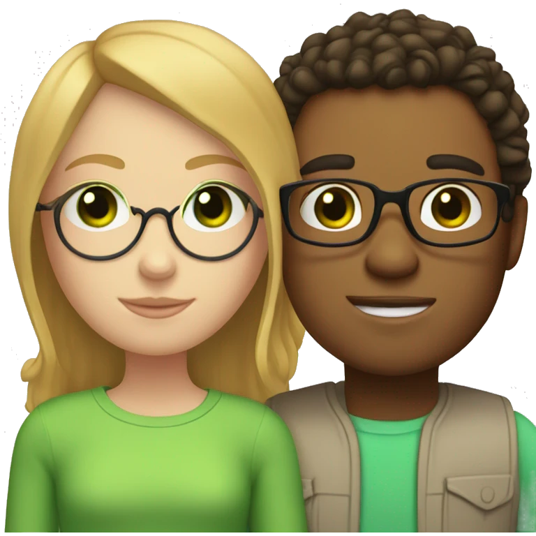 white ginger girl with straight hair and green eyes is with a mexican brunette boy with curly hair, green eyes, and glasses emoji