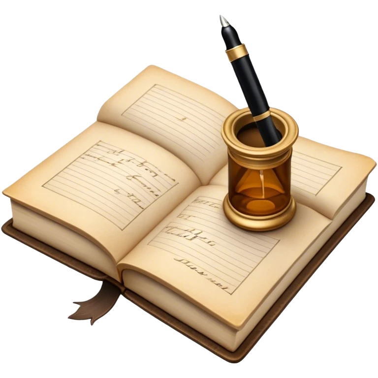 Create a vibrant emoji representing prose writing. The design should feature an open book with pages showing unfinished prose, a classic fountain pen or quill with black or dark blue ink, and an antique inkwell next to it. The pages should have visible lines of text, but some should remain unfinished, symbolizing the creative process. Use warm, earthy tones like brown, gold, and cream for the book and background, with the ink and pen in black or dark blue. The emoji should convey the idea of storytelling, creativity, and the unfinished nature of literary work. Make the background transparent. emoji