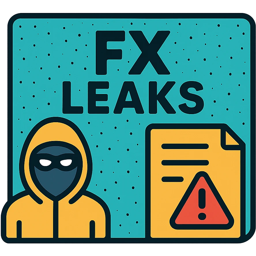 logo with turquoise textured background, left side outline of masked figure, center bold stylized text 'FX LEAKS' with 'FX' highlighted, right document with warning triangle, theme of confidential financial alerts emoji