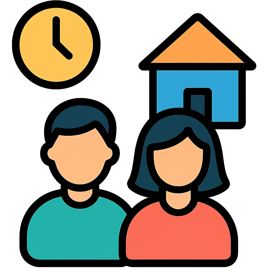 two people, a clock and a house together emoji