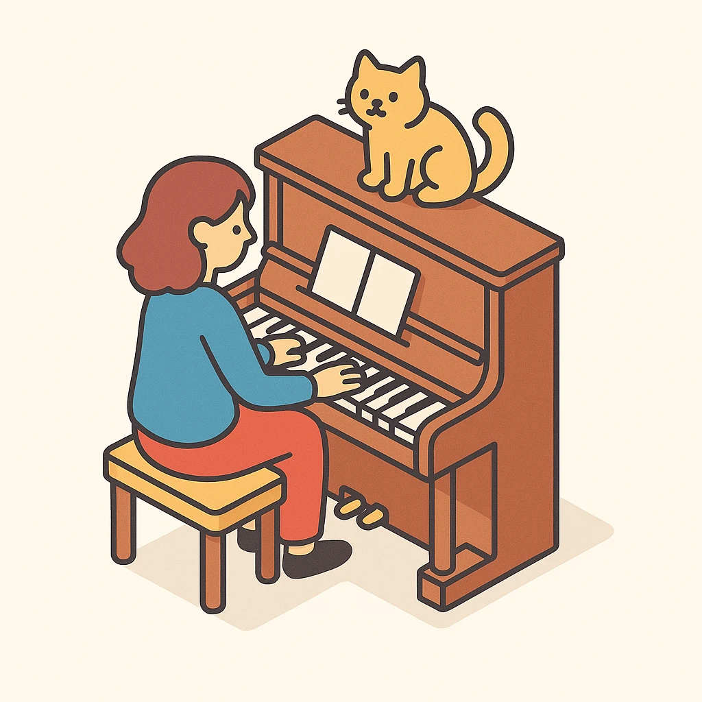 woman playing piano while her cat sits on top of the piano emoji