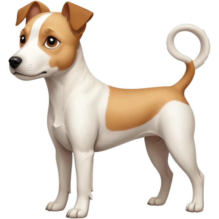 a full body facing front on of a buff white parson russell terrier looking dog the size of a kelpie with light brown long ears resting on its face and a light brown patch on one eye and a large snout. the rest of the dog is completely white.  emoji