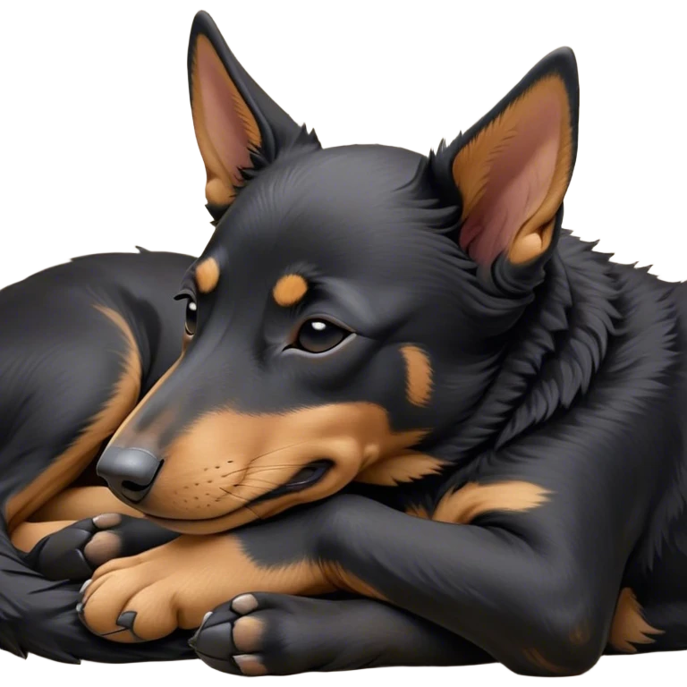 Meme-Worthy Cute Sleeping Black and Tan Kelpie Portrait Emoji, Head resting peacefully with a contented smile, showcasing a delightfully agile build and a luxuriously soft black and tan Fur, eyes shut in a serene nap, Simplified yet hilariously adorable features, highly detailed, glowing with a soft, drowsy light, high shine, relaxed and utterly lovable, stylized with an air of playful laziness, bright and heartwarming, soft glowing outline, capturing the essence of a comically sleepy herder, so meme-worthy it feels like it could instantly become the next viral sensation of adorable slumber! emoji