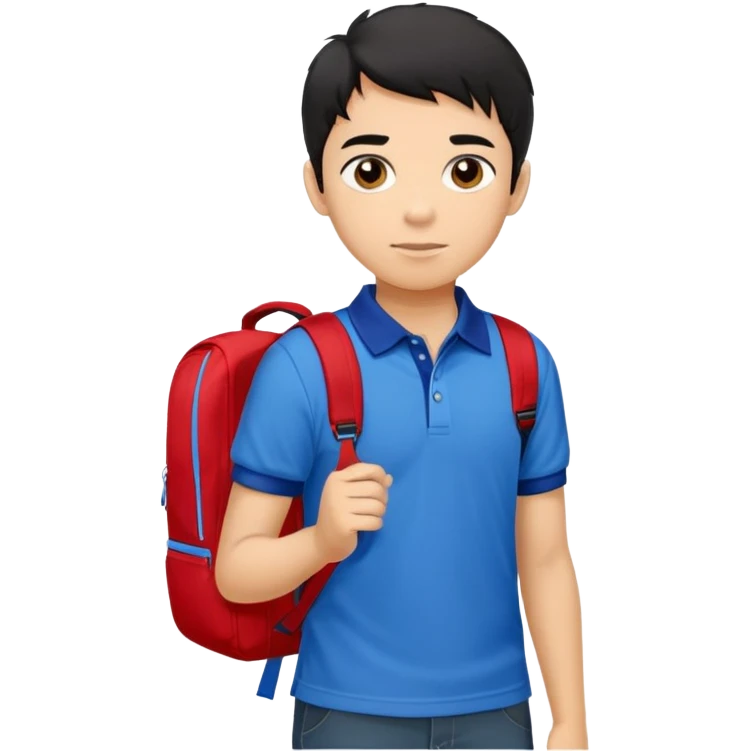 A young boy with casual and comfortable clothing, and one of his most well-known images shows him wearing a red polo shirt with blue and white details on the collar, along with a light-colored backpack on his shoulders. His hair is black. emoji