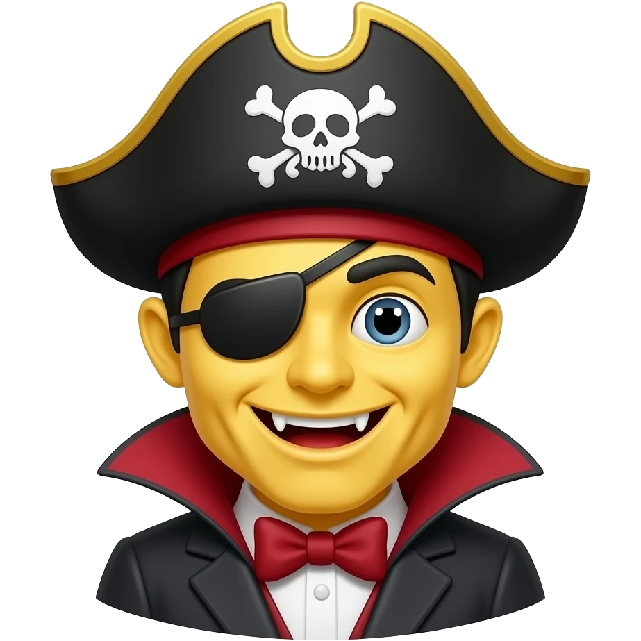 A yellow classic emoji but it's a smiling vampire with a pirate hat emoji