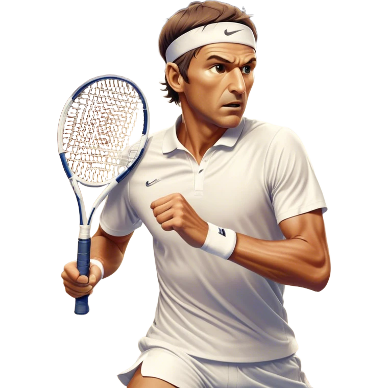 Cinematic Realistic portrait of Goran Ivanišević, depicted as an iconic tennis player in dynamic motion with detailed athletic gear and intense focus, illuminated by bold stadium lighting that accentuates his competitive spirit. emoji