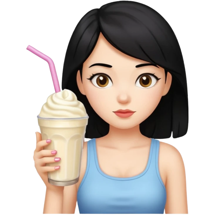A girl with black hair and the milkshake as her boobs emoji
