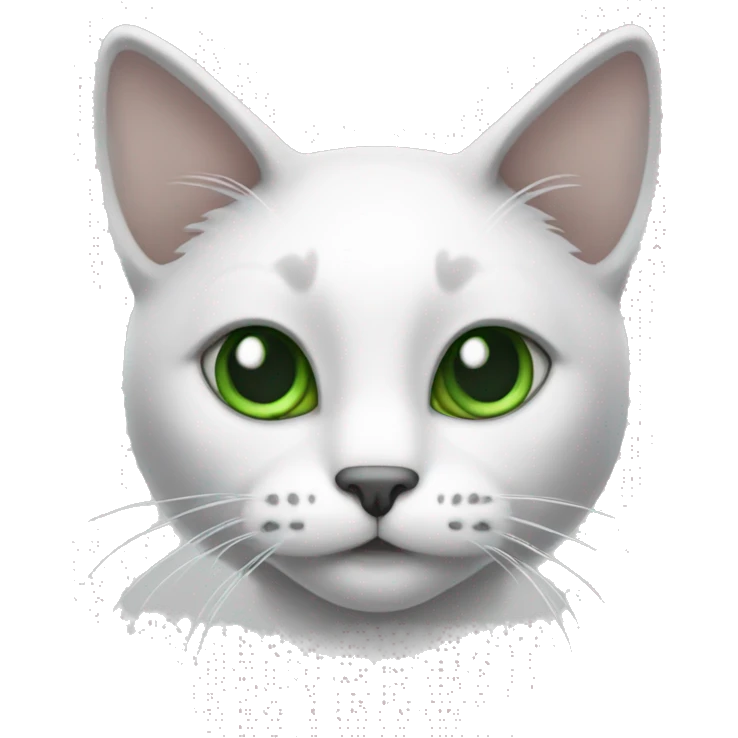 Cat with grey ears and white body in front and green eyes emoji
