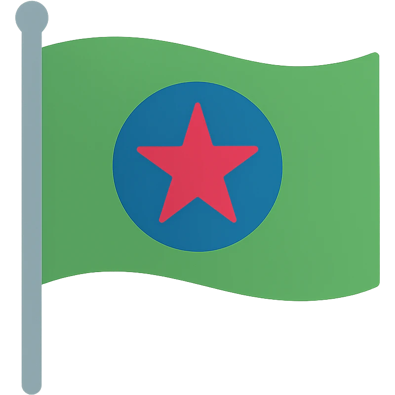 flag with simple and bold design featuring a green background, a blue circle in the center, and a crimson star inside the circle emoji