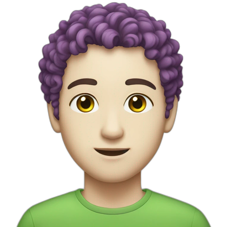 Male with white skin, green eyes, short violet curly hair, nose piercing emoji