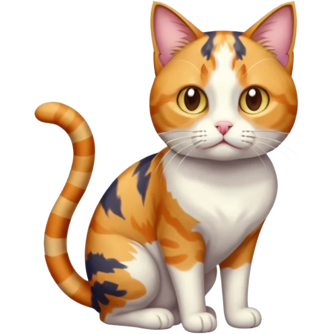 full body colourful calico tabby cat with disproportioned head with an anxious face and white front legs emoji
