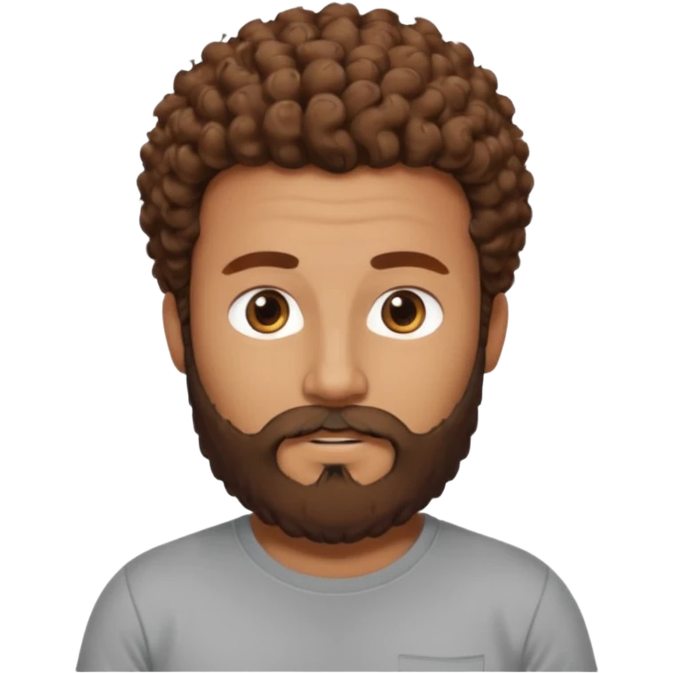 Curly-haired nightingale, with brown hair, a thick beard and a suvata to match the color of the hair on his head, large build, but not fat in a gray T-shirt, chest shot, IOS memoji style emoji