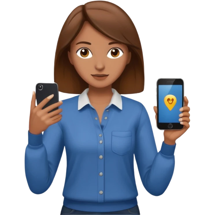 woman casual clothes holding a phone in one hand emoji