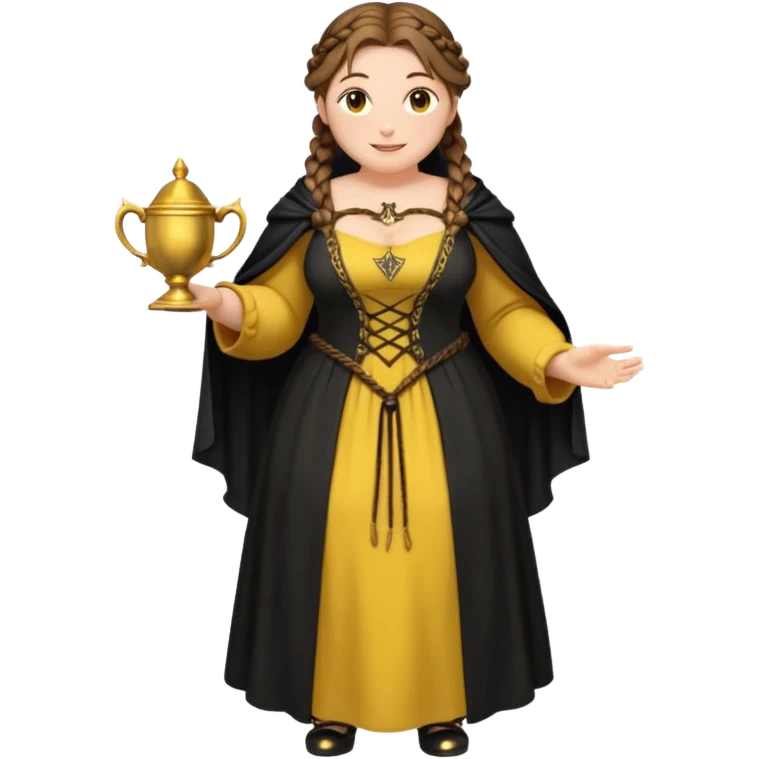 Helga Hufflepuff,brown-haired,2 braids,yellow-black medieval open dress,deep neckline,fat macromastia,black cloak decorated with gold braiding,gold cup with two handles,very kind smile,curvy busty sweet woman,round rosy cheeks,full length with medieval shoes emoji