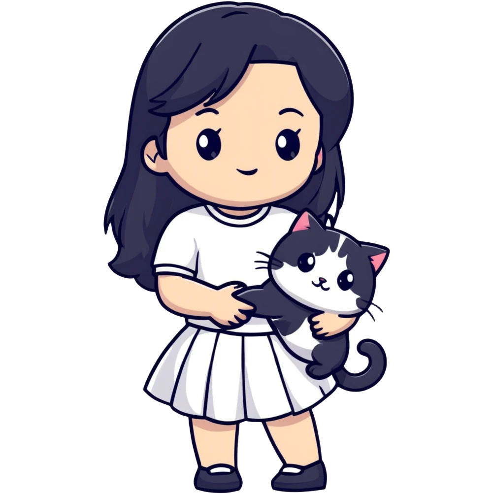 A beautiful girl with long black hair wearing a white skirt holds a cute white cat in her arms emoji