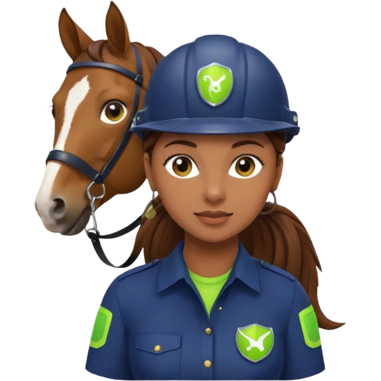 female with brown hair in ponytail, brown eyes, navy blue blouse with lime green Indie Services logo, emoji style, holding a horse riding helmet emoji