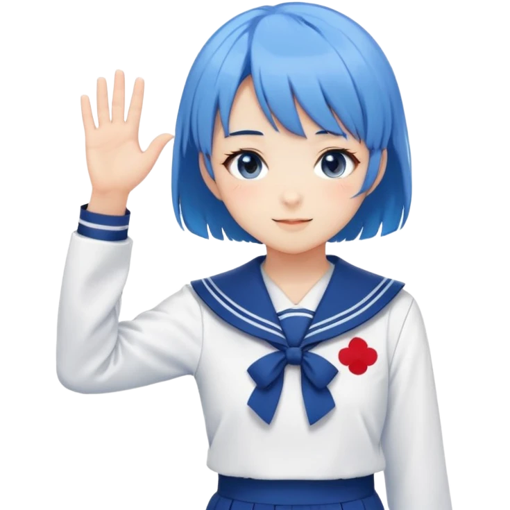 Anime girl with short bright blue hair wearing Japanese sailor style school uniform, composed posture with hand on hip but shyly waving with other hand, blushing face and timid smile emoji