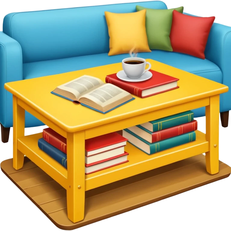 yellow coffe table, coffee on top, books under table
 emoji