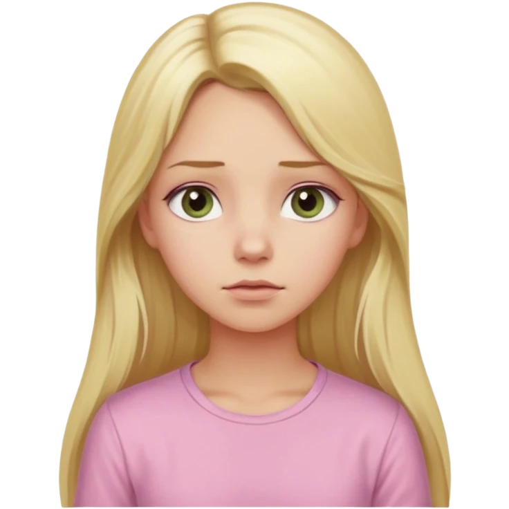 blonde with long hair and swamp-colored eyes, wearing a pastel pink shirt, thoughtful expression, looking up, iOS Apple emoji style emoji