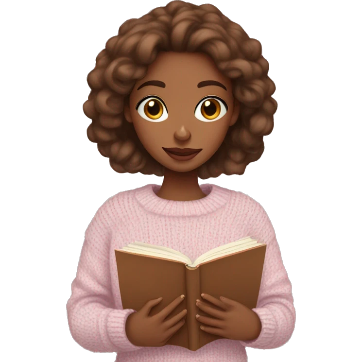 Pretty blue eyed brown girl with light pink sweater reading cozy emoji