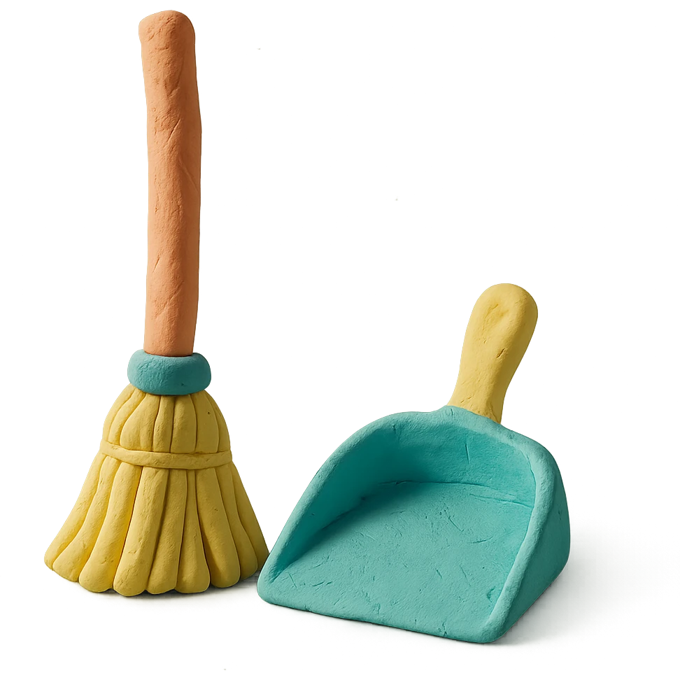 broom and dustpan in playful arrangement, pastel palette, claymation style emoji