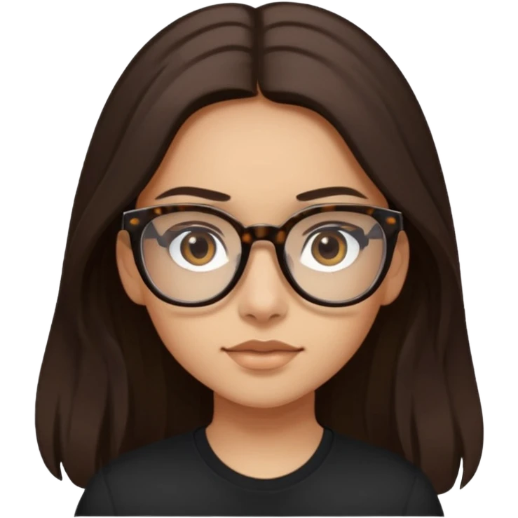 The girl with dark brown long hair, light skin, dark eyes, wearing black shirt and tortoise framed glasses emoji