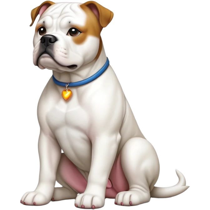 cinematic-[american bulldog]-realistic-full-body-sitting-emoji,-tail-resting-loosely-beside-its-paws,-head-tilted-dramatically,-sleek-[solid white]-fur,-simplified-yet-realistic-focused-features,-highly-detailed,-glowing-with-an-almost-sarcastic-glow emoji