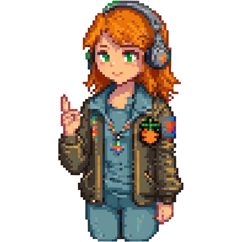 Modify the female recruiter in cute 8-bit pixel art style to hold up her right hand as if presenting or talking. Add an orange square pin with a white Y (YC logo) on her jacket. Keep the headset and no background. emoji