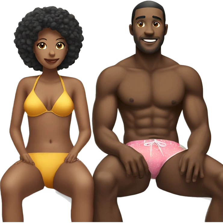 black male sitting next to a woman with a bikini on  emoji