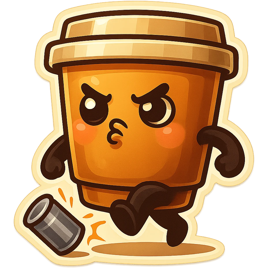 Tall coffee cup, pouting, dramatic, kicking a can emoji