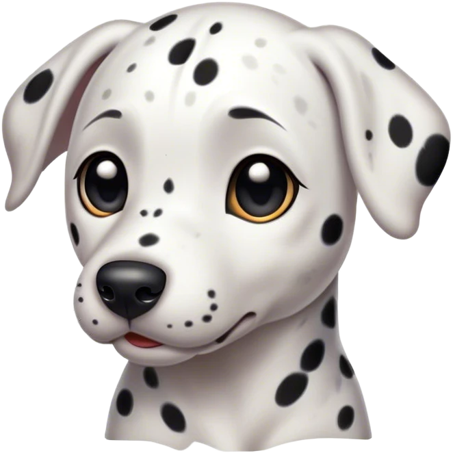 Cinematic Cute Dalmatian Portrait Emoji, Head tilted playfully and inquisitively, showcasing a smooth white coat speckled with charming black spots, round, sparkling dark eyes filled with curiosity, Simplified yet irresistibly adorable features, highly detailed, glowing with a warm, friendly glow, high shine, affectionate and lively, stylized with a touch of whimsy, bright and endearing, soft glowing outline, capturing the essence of a mischievous yet loving pup, so playful it feels like it could bound out of the screen and into your arms! emoji