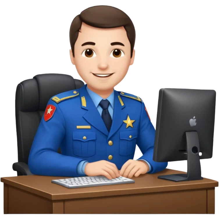 Мужчина в российской прокурорской форме, сидит за компьютером с улыбкой (синяя форма) emoji