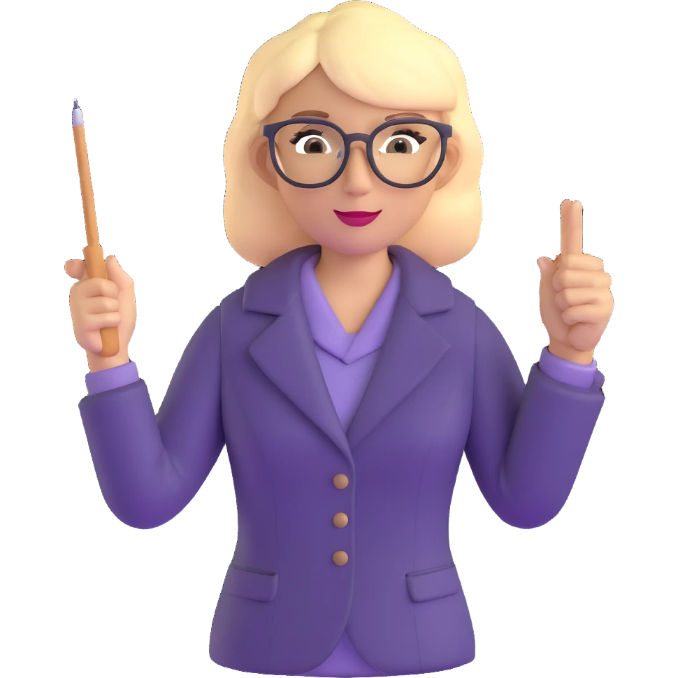 strict and fair blonde math teacher with glasses holding a pointer emoji