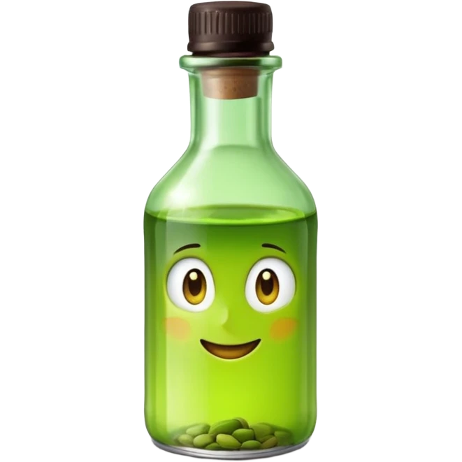 glass bottle small filled with translucent green liquid pistachio essence, narrow neck, simple unbranded label, dark cap, liquid slightly viscous and vivid, soft lighting, emoji scale emoji