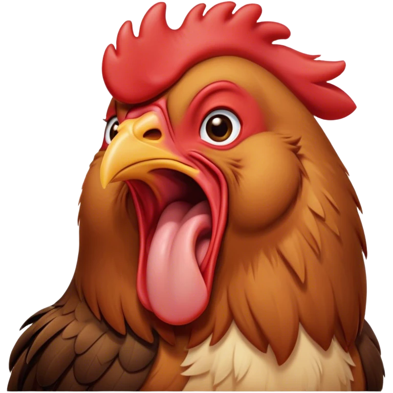 Cinematic Cute Yawning Brown Rooster Portrait Emoji, Head tilted slightly with a dramatic, wide-open yawn, showcasing a soft, downy brown plumage with a subtle red comb and drooping wings, round warm eyes barely open in drowsy contentment, Simplified yet irresistibly adorable features, highly detailed, glowing with a soft, cozy glow, high shine, relaxed yet expressive, stylized with a touch of whimsy, bright and endearing, soft glowing outline, capturing the essence of a sleepy yet affectionate rooster, so drowsy it feels like it could stretch out of the screen and curl up for a nap! emoji