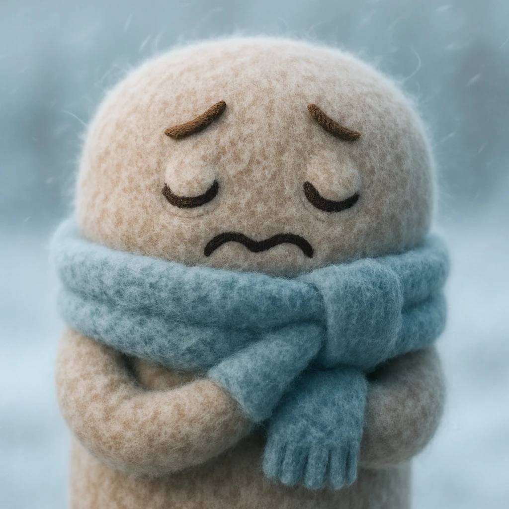 plush face, scarf up to nose, shivering, frosty air, cold weather, soft and cuddly emoji